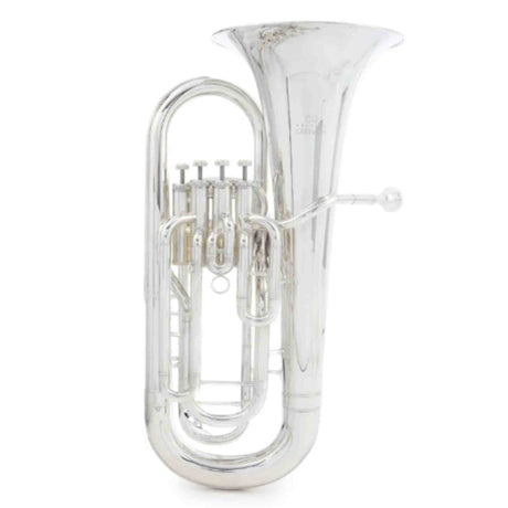 The image shows a silver-plated concert tuba with a large flared bell, four piston valves, and extensive tubing in the typical upright configuration. It includes a mouthpiece receiver and is likely a BB♭ or CC model, common for orchestras and bands. The bright reflective finish indicates it is a professional or semi-professional quality brass instrument, known for its low pitch and bass role in ensembles.