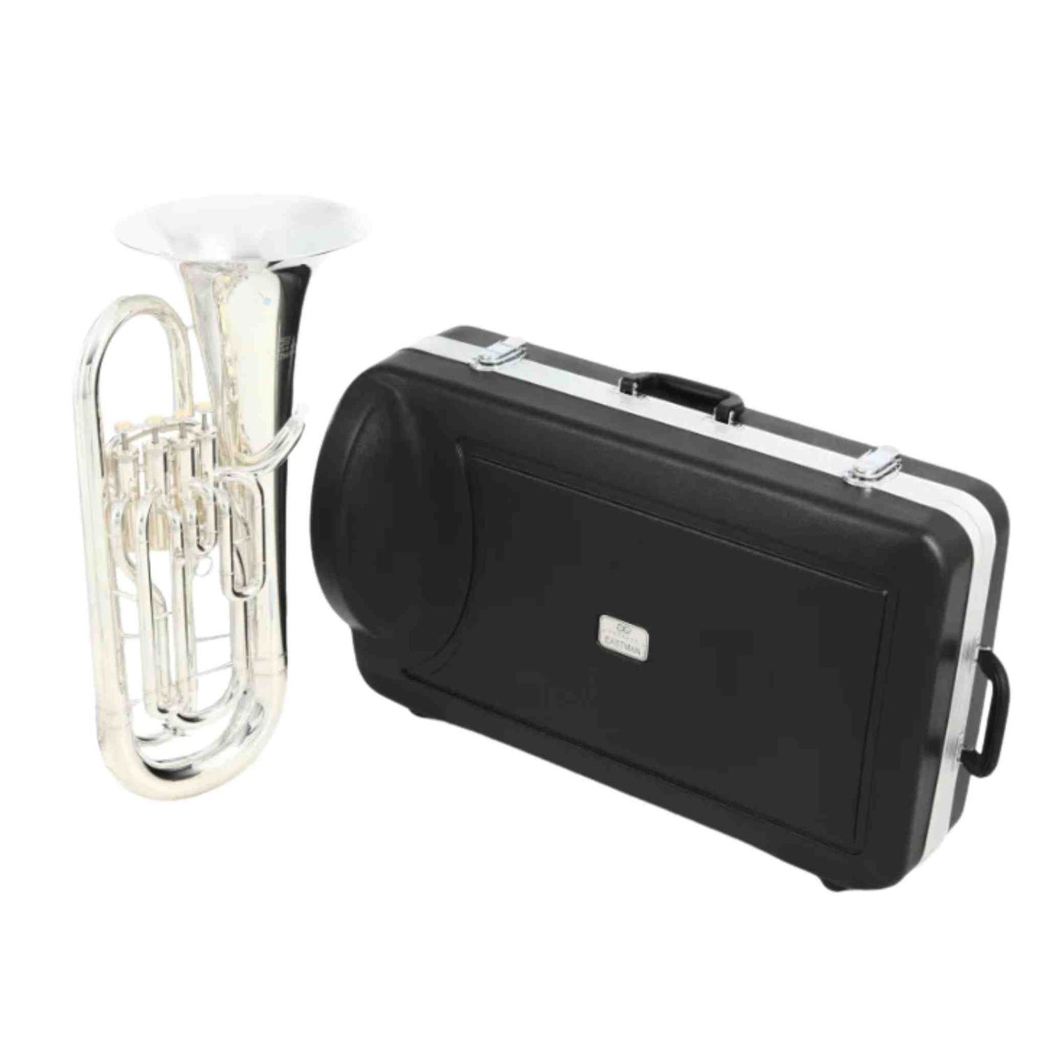 The image shows a silver/chrome euphonium or baritone horn with curved tubing, multiple piston valves, and a large bell. Beside it is a black hard protective carrying case with silver metal corners and latches, designed for safe transport. The setup represents a complete package suitable for student or professional brass players.