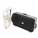 The image shows a silver/chrome euphonium or baritone horn with curved tubing, multiple piston valves, and a large bell. Beside it is a black hard protective carrying case with silver metal corners and latches, designed for safe transport. The setup represents a complete package suitable for student or professional brass players.