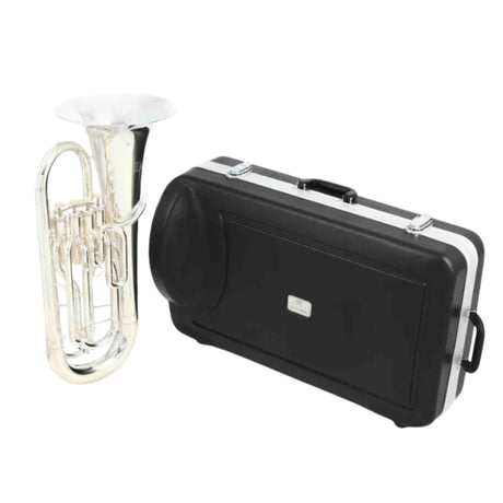 The image shows a silver/chrome euphonium or baritone horn with curved tubing, multiple piston valves, and a large bell. Beside it is a black hard protective carrying case with silver metal corners and latches, designed for safe transport. The setup represents a complete package suitable for student or professional brass players.