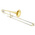 The image shows a trombone, a brass wind instrument with a golden finish. It features a large flared bell on the right, a telescoping slide (two parallel tubes) for pitch changes, and a mouthpiece at the smaller end. Unlike valve brass instruments, the trombone uses its unique slide mechanism to produce different notes. It is commonly used in orchestras, jazz bands, and marching ensembles.