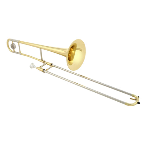 The image shows a trombone, a brass wind instrument with a golden finish. It features a large flared bell on the right, a telescoping slide (two parallel tubes) for pitch changes, and a mouthpiece at the smaller end. Unlike valve brass instruments, the trombone uses its unique slide mechanism to produce different notes. It is commonly used in orchestras, jazz bands, and marching ensembles.