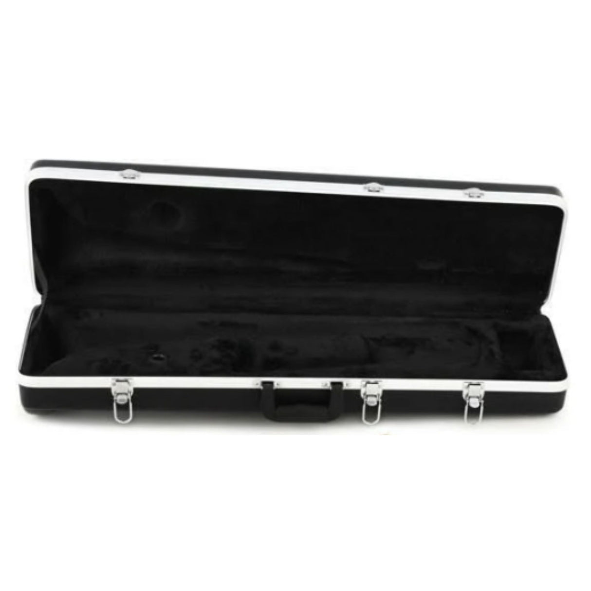 The image shows a black hard case with white or silver trim and multiple metal latches, open to reveal a plush, velvet-lined interior designed to protect a string instrument. The rectangular case, likely for a violin, viola, or small guitar, features molded compartments to securely hold the instrument. This sturdy case provides protection against impact, moisture, and temperature during storage and transport.