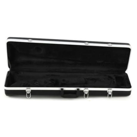 The image shows a black hard case with white or silver trim and multiple metal latches, open to reveal a plush, velvet-lined interior designed to protect a string instrument. The rectangular case, likely for a violin, viola, or small guitar, features molded compartments to securely hold the instrument. This sturdy case provides protection against impact, moisture, and temperature during storage and transport.