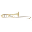 The image shows a tenor trombone, a brass wind instrument with a golden finish. Key features include the flared bell, U-shaped slide mechanism for pitch changes, mouthpiece receiver, and curved tubing. Unlike other brass instruments, it uses a slide instead of valves, enabling smooth glissando effects. It is commonly used in orchestras, jazz bands, and marching bands.