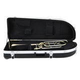 The image shows a golden brass trombone resting in a black hard case with a molded interior. The case features metal latches and a custom-fitted lining designed to securely hold and protect the instrument during transport. This professional-quality setup is typical for students, educators, or musicians and ensures safe storage for this valued brass instrument used in bands, orchestras, and jazz ensembles.