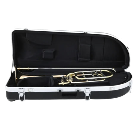 The image shows a golden brass trombone resting in a black hard case with a molded interior. The case features metal latches and a custom-fitted lining designed to securely hold and protect the instrument during transport. This professional-quality setup is typical for students, educators, or musicians and ensures safe storage for this valued brass instrument used in bands, orchestras, and jazz ensembles.