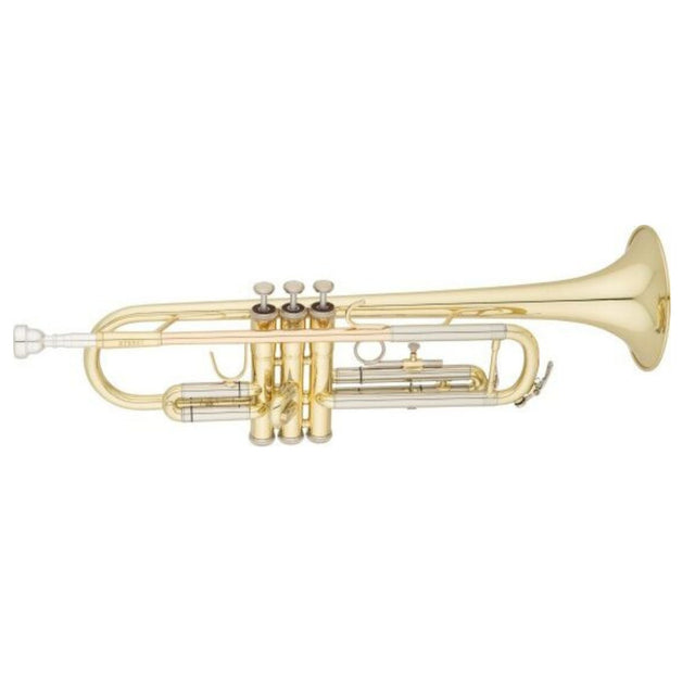 The image shows a brass B♭ trumpet with a golden finish, featuring three piston valves with caps, a flared bell on the right, a silver-colored mouthpiece on the left, and curved tubing. It includes valve slides for pitch adjustment and represents a standard student or intermediate model commonly used in school bands, orchestras, and jazz ensembles.