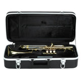 The image shows a brass trumpet with a golden finish resting horizontally in a black, hard protective case. The case features white/silver trim, metal latches, and a soft interior lining molded to hold the trumpet securely. The trumpet has curved tubing, three valve pistons, and a flared bell. The case likely includes compartments for accessories, typical of professional or student trumpet sets.