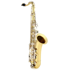 The image shows a tenor saxophone with a golden lacquered brass body, curved neck, and bell. It has multiple tone holes, silver-plated keys, and a black mouthpiece. The tenor saxophone, tuned in B♭, is larger than an alto but smaller than a baritone sax, known for its rich tone and versatility in genres like jazz, classical, rock, and pop. The instrument is photographed against a white background.