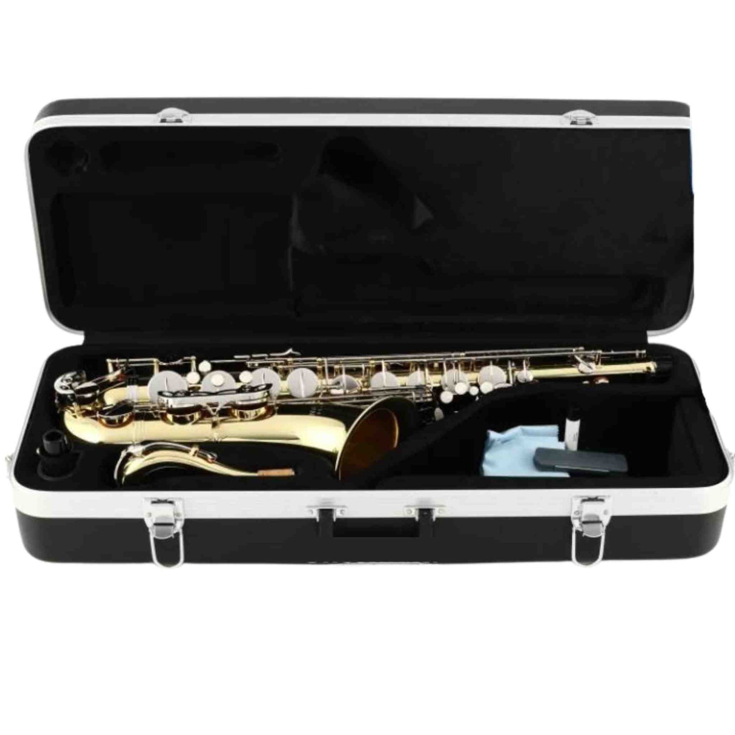 The image shows a lacquered brass tenor saxophone with mother-of-pearl key touches, resting in a black hard case with silver trim and metal latches. The case interior is padded with black lining and includes a light blue or white cleaning cloth. The saxophone features the characteristic curved body, multiple keys, and mechanical linkages, suggesting a professional or semi-professional instrument suitable for intermediate to advanced players.