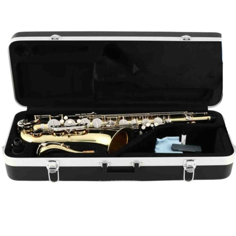 The image shows a lacquered brass tenor saxophone with mother-of-pearl key touches, resting in a black hard case with silver trim and metal latches. The case interior is padded with black lining and includes a light blue or white cleaning cloth. The saxophone features the characteristic curved body, multiple keys, and mechanical linkages, suggesting a professional or semi-professional instrument suitable for intermediate to advanced players.
