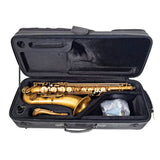 Gold Eastman 52nd Street B flat tenor saxophone in a black case on a white background