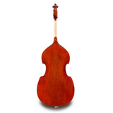 The image shows the back view of an upright bass, featuring its large, curved body with the classic violin-family shape. It has a reddish-brown finish highlighting the wood grain, a long neck ending in a scroll headstock, and a small endpin at the bottom. This acoustic string instrument is the largest and lowest-pitched in the violin family, commonly used in genres like classical, jazz, bluegrass, and folk.