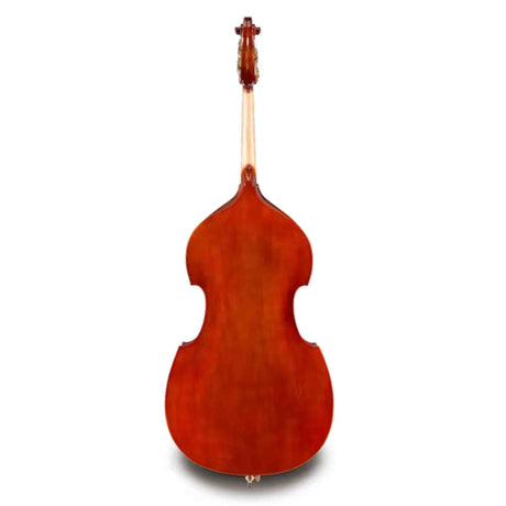 The image shows the back view of an upright bass, featuring its large, curved body with the classic violin-family shape. It has a reddish-brown finish highlighting the wood grain, a long neck ending in a scroll headstock, and a small endpin at the bottom. This acoustic string instrument is the largest and lowest-pitched in the violin family, commonly used in genres like classical, jazz, bluegrass, and folk.