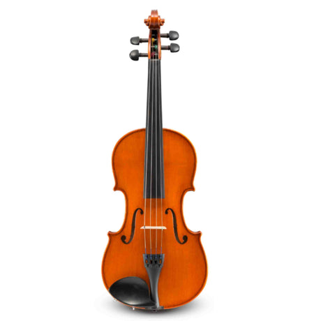 The image shows a violin with a polished amber-orange wooden body featuring visible wood grain, curved bouts, and two f-holes. It has four strings stretched from the tailpiece with fine tuners to tuning pegs at the scroll, a dark fingerboard, and a chin rest. Set against a white background, the violin’s glossy finish highlights its craftsmanship, making it suitable for students or intermediate players.