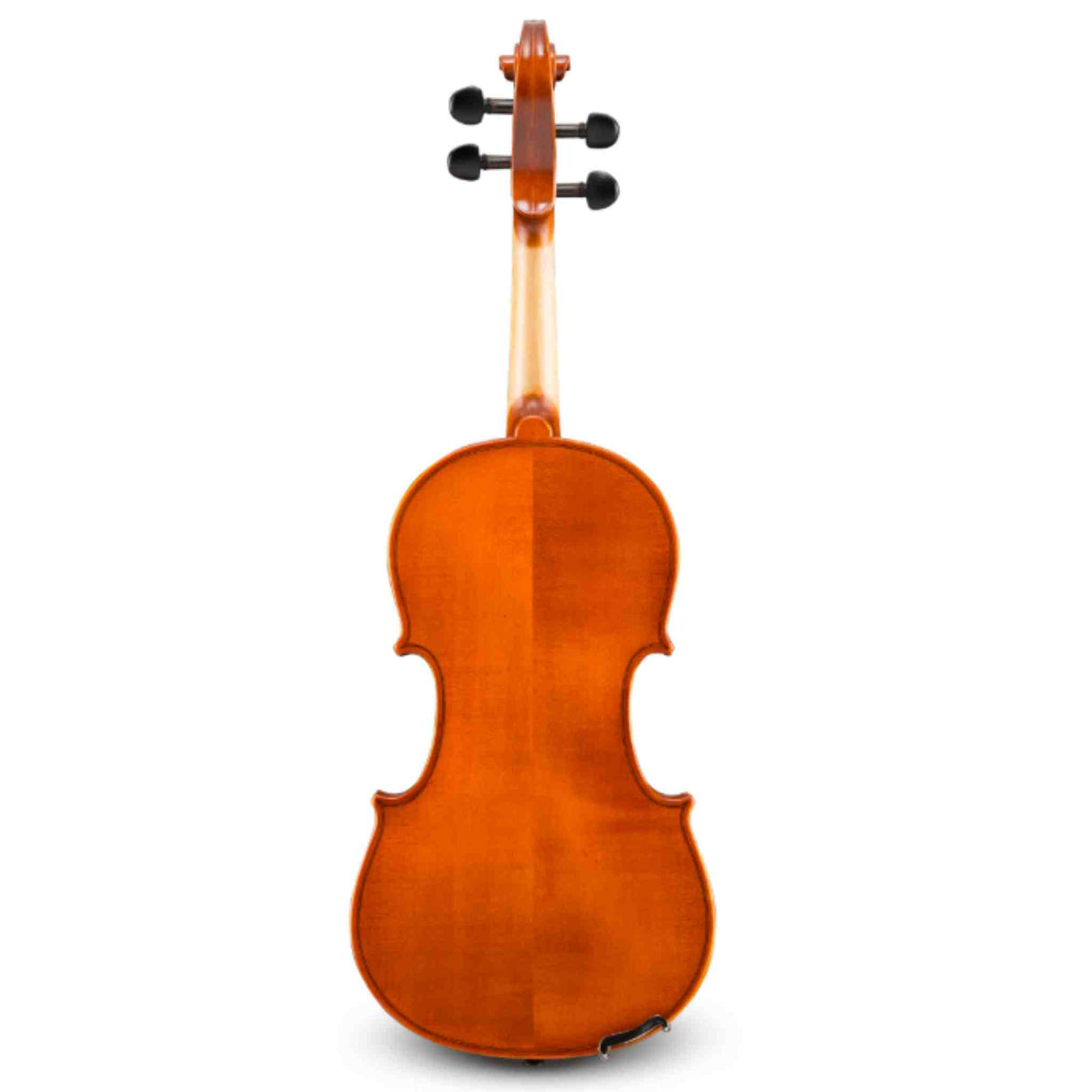 The image shows the back of a violin with a classic curved body and warm amber wood finish displaying natural grain. It features a carved scroll, four black tuning pegs, and a visible neck extending from body to scroll. A chin rest or tailpiece is seen at the bottom. The instrument appears professionally crafted and is photographed against a white background, suggesting a product photo of a student or intermediate-level string instrument.
