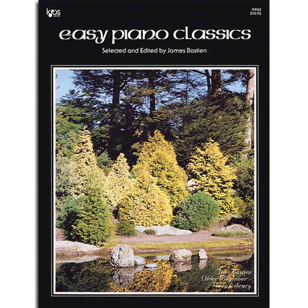 The image shows a piano music book titled "Easy Piano Classics" with a black cover, published by Kjos Music Company (logo in upper left) and priced at $10.95 (upper right). Selected and edited by James Bastien, the cover features a Japanese garden scene in autumn colors. It is part of "The Bastien Older Beginner Piano Library," indicating simplified classical pieces for older beginning piano students.