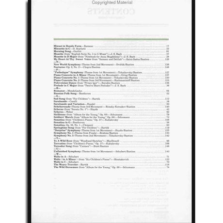 The image shows a page from a classical music book, likely an index or table of contents. It lists well-known compositions alphabetically by composers such as Bach, Beethoven, Brahms, Chopin, Dvořák, Grieg, Handel, Haydn, Mendelssohn, Schubert, Schumann, and Tchaikovsky, with corresponding page numbers. This suggests the book is a piano anthology or songbook for students and musicians.