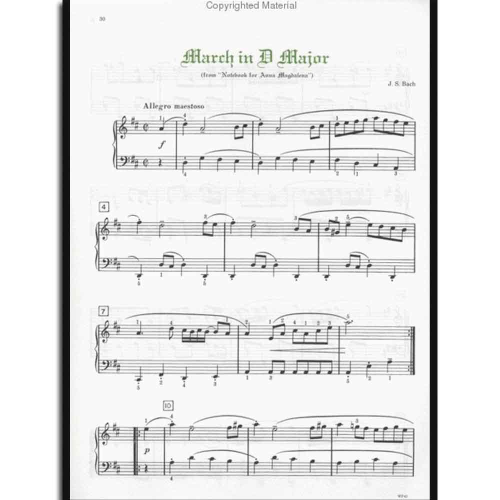 The image shows a page of sheet music for J.S. Bach's "March in D Major" from the "Notebook for Anna Magdalena," marked "Allegro maestoso." The piano score uses treble and bass clefs with a D major key signature and 4/4 time. It includes dynamic markings like forte and piano, measure numbers, and a page number 50. The professional layout and "Copyrighted Material" watermark indicate it’s from a published collection.