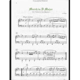 The image shows a page of sheet music for J.S. Bach's "March in D Major" from the "Notebook for Anna Magdalena," marked "Allegro maestoso." The piano score uses treble and bass clefs with a D major key signature and 4/4 time. It includes dynamic markings like forte and piano, measure numbers, and a page number 50. The professional layout and "Copyrighted Material" watermark indicate it’s from a published collection.
