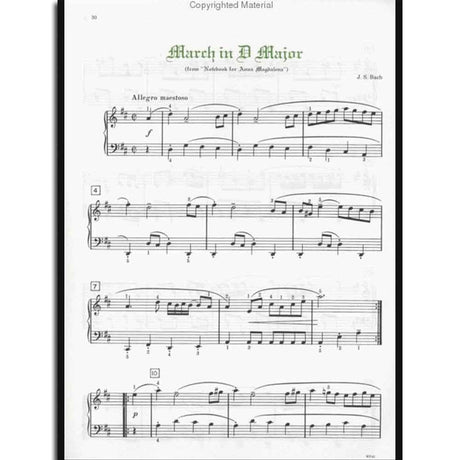 The image shows a page of sheet music for J.S. Bach's "March in D Major" from the "Notebook for Anna Magdalena," marked "Allegro maestoso." The piano score uses treble and bass clefs with a D major key signature and 4/4 time. It includes dynamic markings like forte and piano, measure numbers, and a page number 50. The professional layout and "Copyrighted Material" watermark indicate it’s from a published collection.