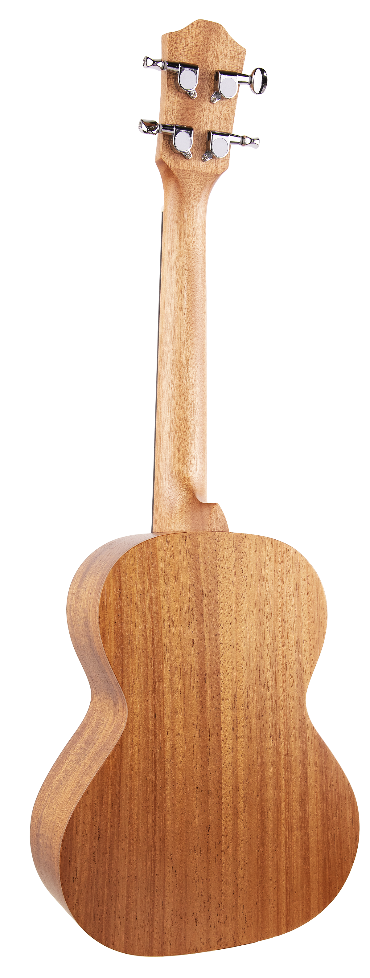 The image shows the back view of a light-colored wooden ukulele, likely made of mahogany or similar wood, with a natural finish highlighting the grain. Visible features include four chrome tuning pegs on the wooden headstock, a smooth neck, and a curved hollow body. The instrument appears to be a concert or tenor size, with clean craftsmanship and properly aligned hardware, suitable for beginner to intermediate players.