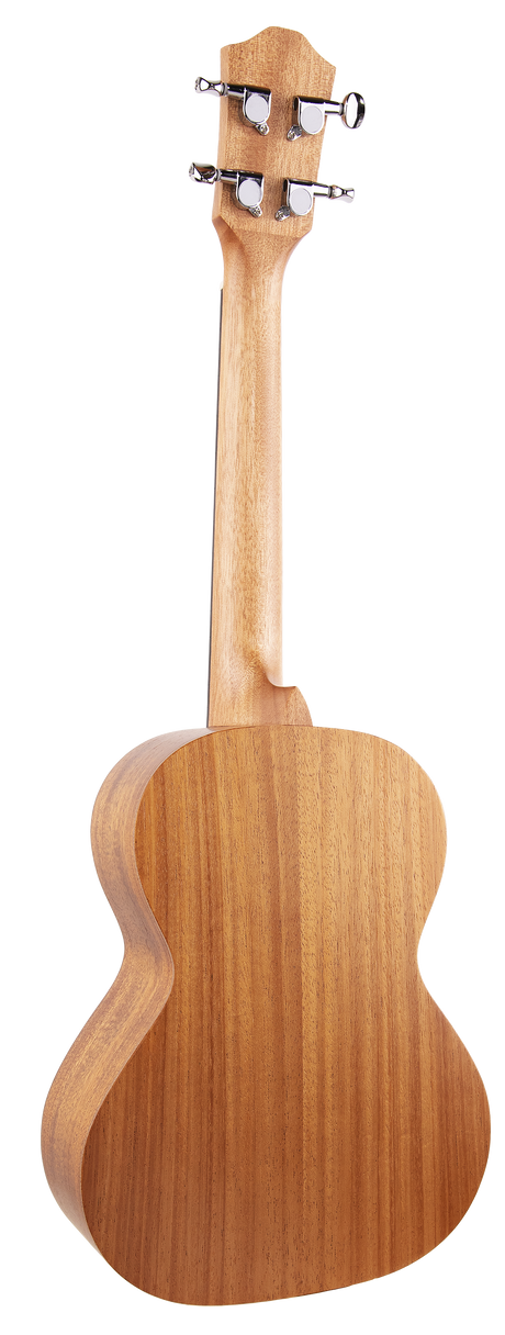 The image shows the back view of a light-colored wooden ukulele, likely made of mahogany or similar wood, with a natural finish highlighting the grain. Visible features include four chrome tuning pegs on the wooden headstock, a smooth neck, and a curved hollow body. The instrument appears to be a concert or tenor size, with clean craftsmanship and properly aligned hardware, suitable for beginner to intermediate players.