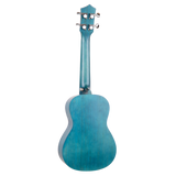 The backside of a blue ukulele on a white background