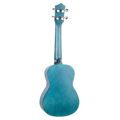 The backside of a blue ukulele on a white background
