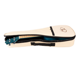 A blue ukulele inside a gig bag with Eddy Finn branding on a white background