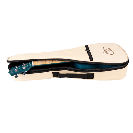 A blue ukulele inside a gig bag with Eddy Finn branding on a white background