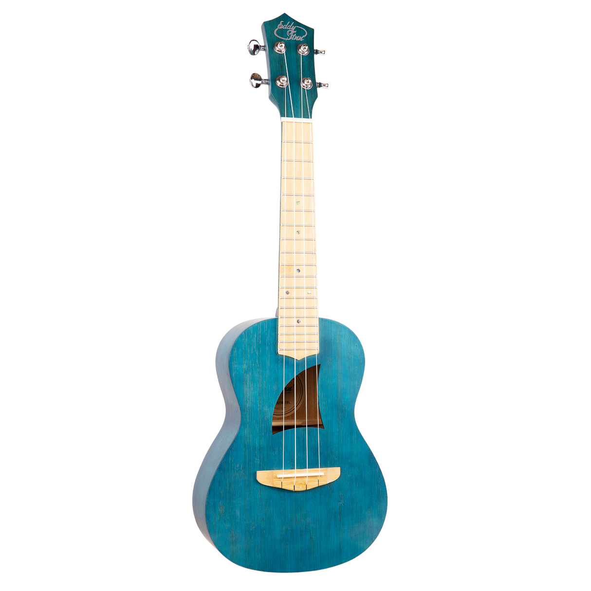 A blue ukulele with Eddy Finn branding on a white background