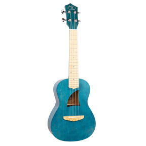 A blue ukulele with Eddy Finn branding on a white background