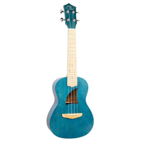 A blue ukulele with Eddy Finn branding on a white background