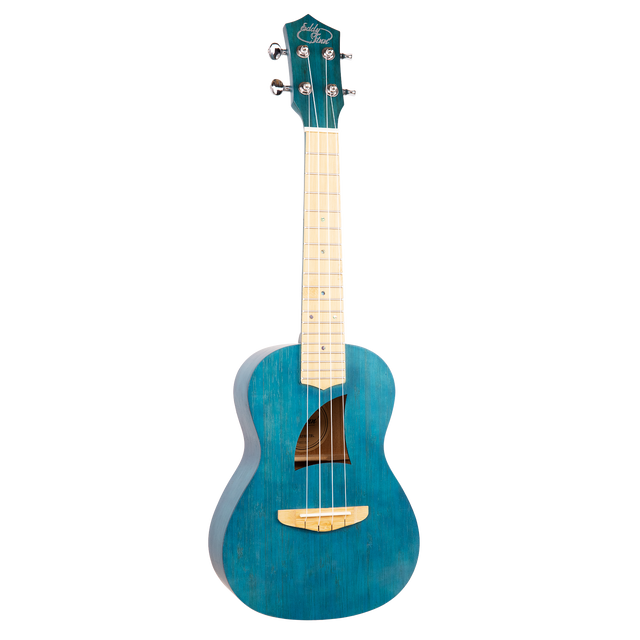 A blue ukulele with Eddy Finn branding on a white background
