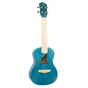 A blue ukulele with Eddy Finn branding on a white background