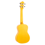The backside of a yellow ukulele on a white background