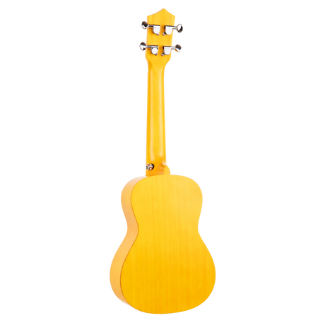 The backside of a yellow ukulele on a white background