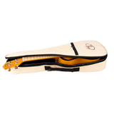 A ukulele with a sunburst color finish inside off a gig bag with Eddy Finn branding