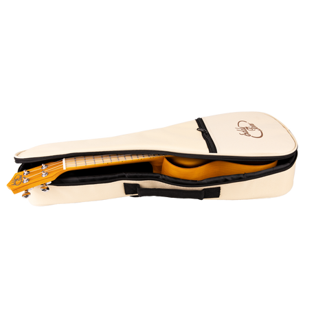A ukulele with a sunburst color finish inside off a gig bag with Eddy Finn branding