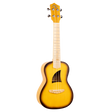 A ukulele with a sunburst color finish and Eddy Finn branding on a white background