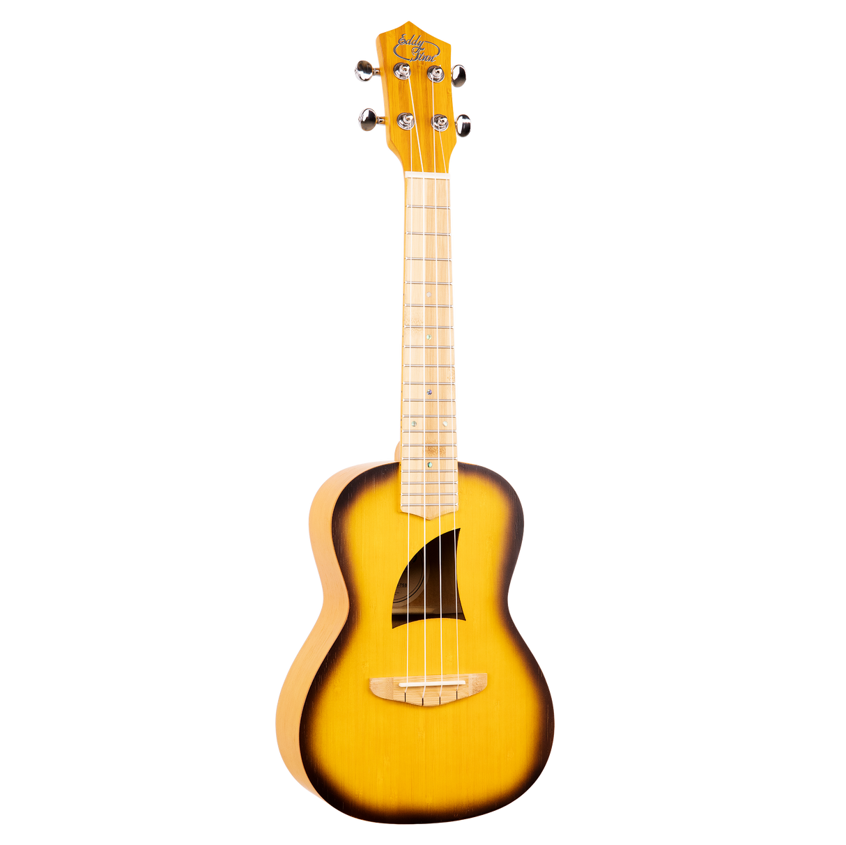A ukulele with a sunburst color finish and Eddy Finn branding on a white background