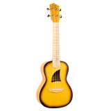 A ukulele with a sunburst color finish and Eddy Finn branding on a white background
