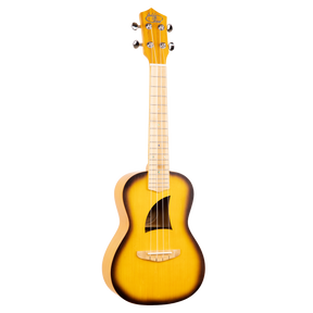 A ukulele with a sunburst color finish and Eddy Finn branding on a white background