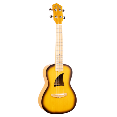 A ukulele with a sunburst color finish and Eddy Finn branding on a white background