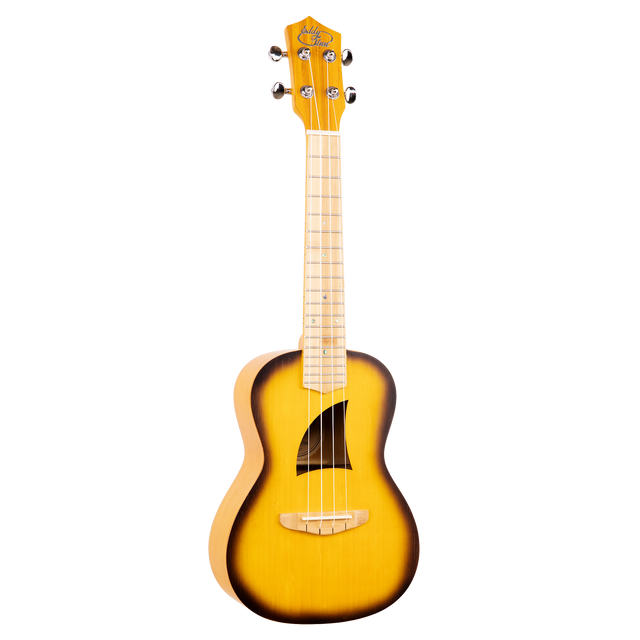 A ukulele with a sunburst color finish and Eddy Finn branding on a white background