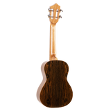 The backside of a ukulele with figured wood on a white background