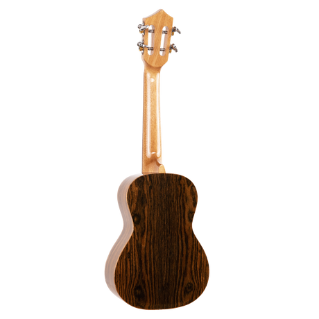 The backside of a ukulele with figured wood on a white background