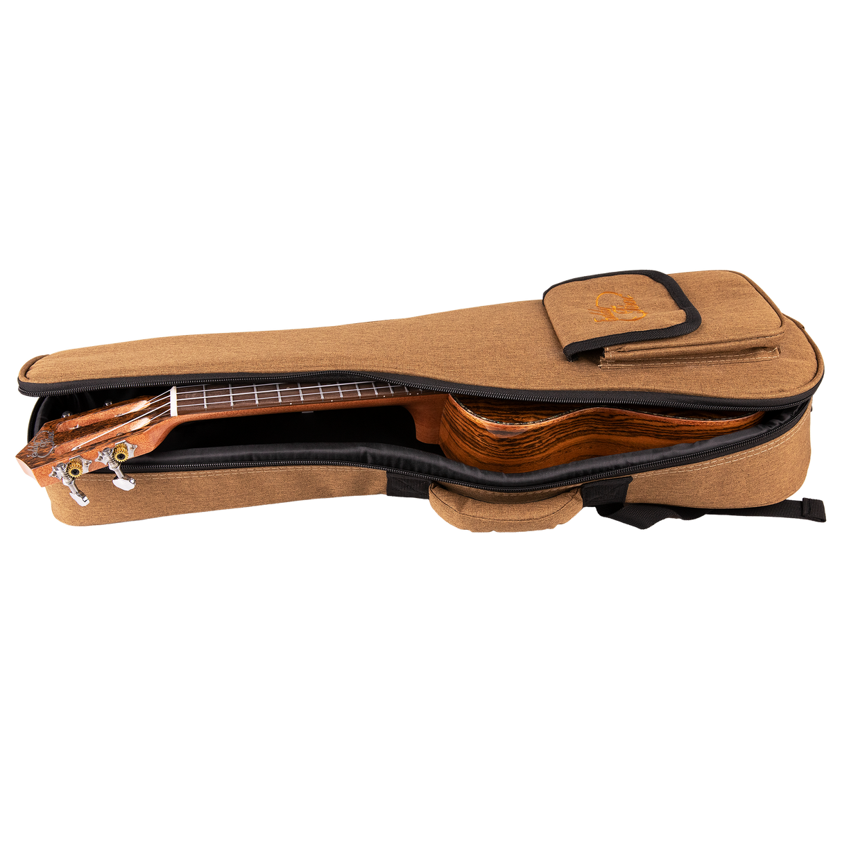 A ukulele inside of a tan gig bag with Eddy Finn branding